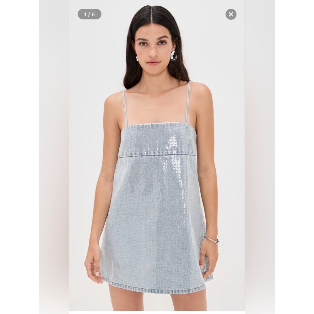 NEW Retrofete Nadiya Denim Silver Sequin A-Line Mini party cocktail dress, S